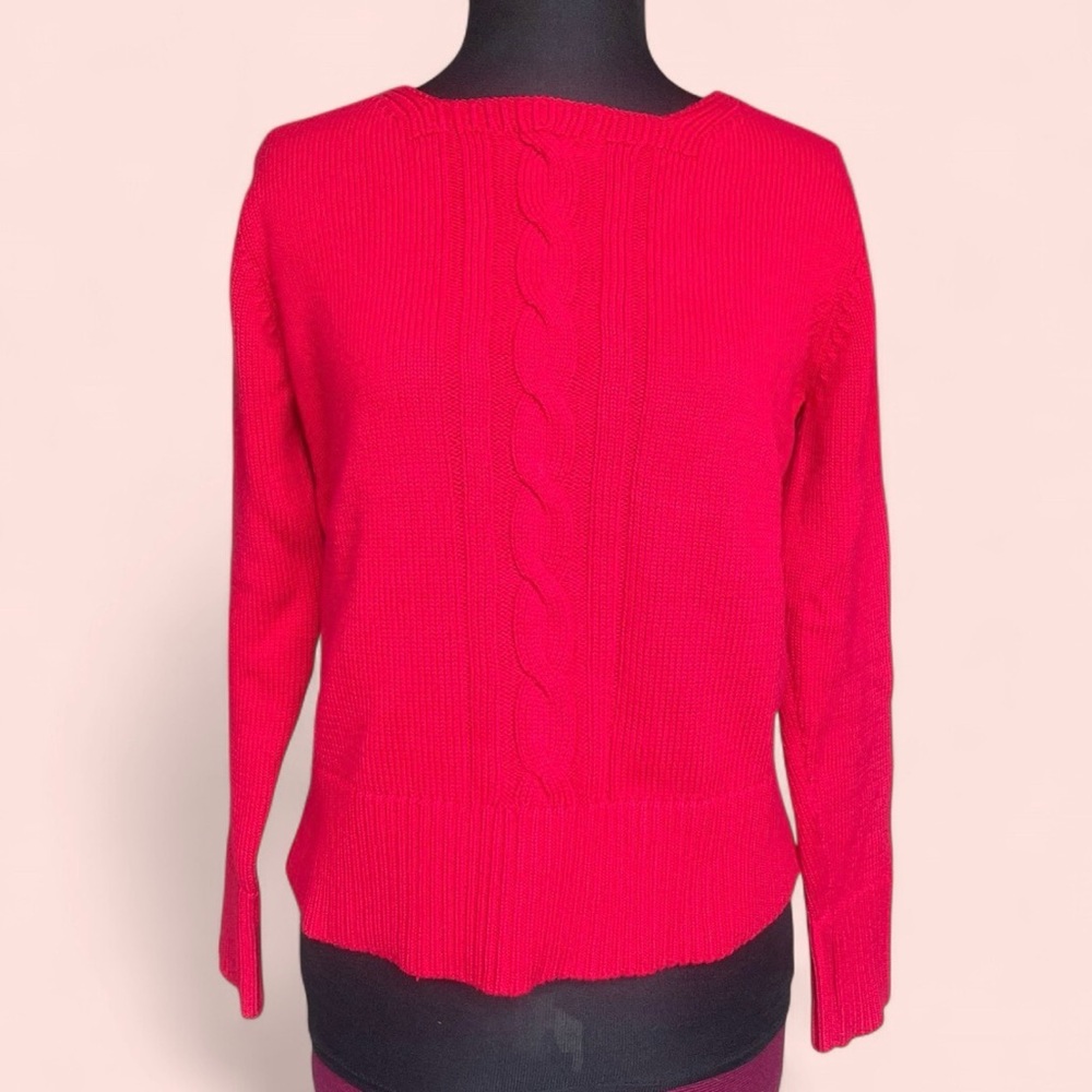 Liz Claiborne Bright Red Cable-Front Crewneck Sweater